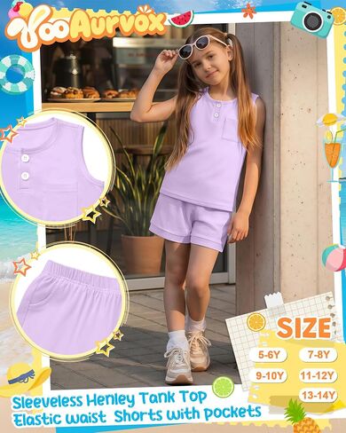 Girls 2 Piece Outfit Kids Knit Sleeveless Henley Tank Top and Elastic Waist Shorts with Pockets Summer Clothing Set in Saudi Arabia