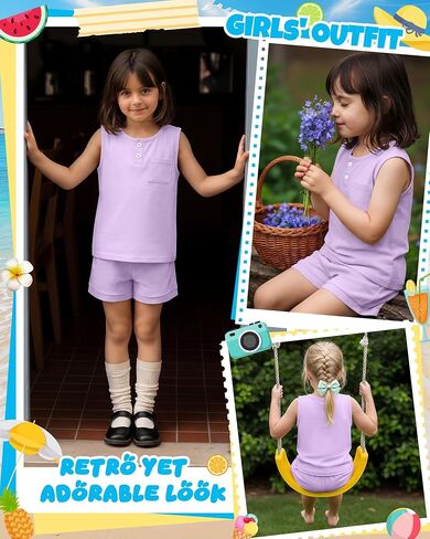 Girls 2 Piece Outfit Kids Knit Sleeveless Henley Tank Top and Elastic Waist Shorts with Pockets Summer Clothing Set in Saudi Arabia