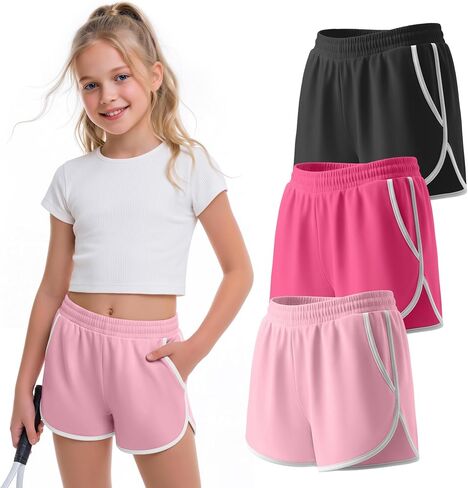 3 Pack Girls Athletic Shorts Kids High Waisted Running Shorts with Pockets Active Workout Dolphin Shorts Size 5-14 in Kuwait