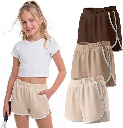 3 Pack Girls Athletic Shorts Kids High Waisted Running Shorts with Pockets Active Workout Dolphin Shorts Size 5-14 in Kuwait
