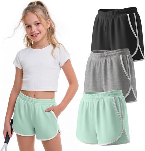 3 Pack Girls Athletic Shorts Kids High Waisted Running Shorts with Pockets Active Workout Dolphin Shorts Size 5-14 in Kuwait