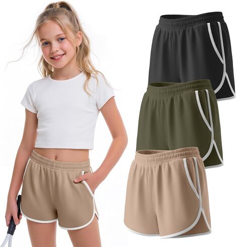 3 Pack Girls Athletic Shorts Kids High Waisted Running Shorts with Pockets Active Workout Dolphin Shorts Size 5-14 in Kuwait