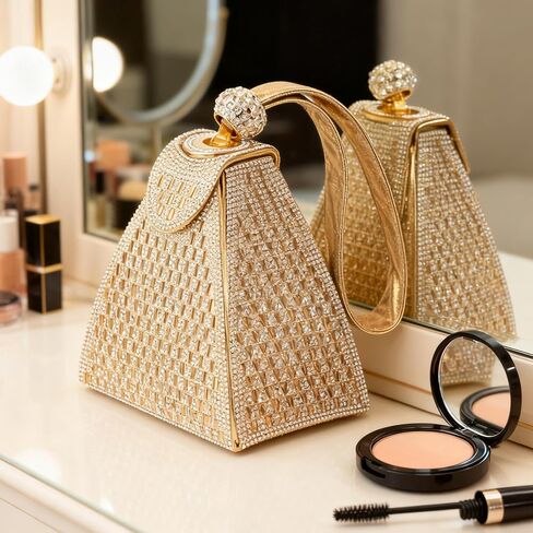 Womens Rhinestone Clutch Evening Bags - Gold Sparkly Glitter Silver Handbags Pyramid Shape Luxury Purse in Kuwait