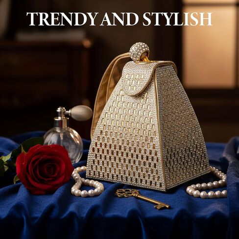 Womens Rhinestone Clutch Evening Bags - Gold Sparkly Glitter Silver Handbags Pyramid Shape Luxury Purse in Kuwait