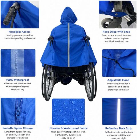 Wheelchair Adults Rain Poncho with Hood for Pride Jazzy EVO 614 2021-Present Mobility Scooter Rain Cape Reflective Strip Rain Cover Senior Mobility Aid Raincoat,Blue Style in Kuwait
