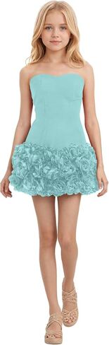 Satin Flower Girl Dresses Strapless 3D Pleated Flowers Girls Pageant Dress Short Wedding Homecoming Dress for Teens in Kuwait