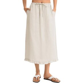 Women's Linen Midi Skirt with Ruffle Hem Elastic Drawstring Waist Side Pockets Casual Long Skirt in Saudi Arabia