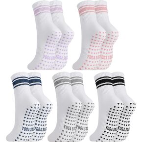 5 Pairs Cute Pilates Socks with Grips for Women Bow Stripes Non Slip Yoga Socks for Barre, Dance, Workout, Hospital in Saudi Arabia