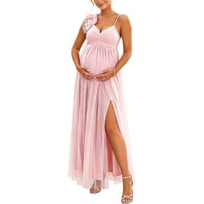 Maternity Tulle Maxi Dress Tie Spaghetti Straps Smocked Back Flowy A-Line Dress for Baby Shower in Saudi Arabia