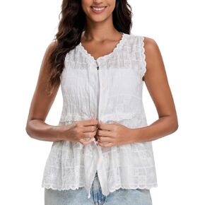 Womens Summer Boho Tank Button Down Sleeveless Vacation Tops Ruffle Knit Embroidered Spring Vest in Saudi Arabia
