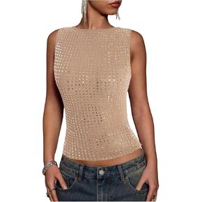 OYOANGLE Women's Sparkly Rhinestone Shirt Sleeveless Crew Neck Tanks Rave Top Concert Outfits in Kuwait