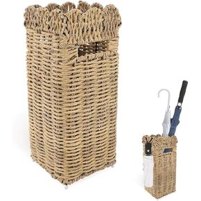 Woven Umbrella Stand for Entryway, PE Rattan Umbrella Holder Basket with Removable Drip Tray, Scalloped Square Cane Stand for Umbrellas, Walking Sticks, Wrapping Paper, Farmhouse Porch Decor, 16.5" in Kuwait