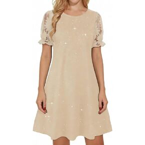 Women's Sequin Mini Dresses Round Neck Short Puff Sleeve Cocktail A-Line Sparkly Lace Patchwork Summer Party Dress in Saudi Arabia