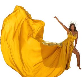 Flying Dress for Women Yellow Satin Maxi Gown Long Tail Flowy Style for Santorini Photoshoot Wedding Bridesmaid, Maternity in Saudi Arabia