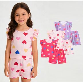 Girls' Summer Outfits 6 Piece Heart Print Ruffle Sleeveless Tops and Elastic Waist Shorts White Purple Pink in Kuwait