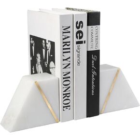 Natural Marble Bookends for Shelves, Decorative Book Ends for Heavy Books, Heavy Duty Mid Century Modern White and Gold Stone Book Holders with Brass Inlay, Unique Bookshelf Stopper Decor, Set of 2 in Saudi Arabia