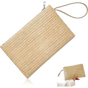 Women Straw Clutch Bag, 9.45 × 6.3 In, Hand-Woven Fine Straw Small Clutch Bag, Bohemian Wristlet Bag, Straw Clutch Purse with Handle, Zipper Wristlet Wallets for Girls Travel Work (khaki) in Saudi Arabia