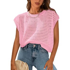 Womens Summer Crochet Sweater Tops Hollow Out Cap Sleeve Sweaters Beach Vacation in Kuwait