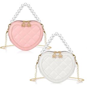 2 Pack Heart Shaped Children Crossbody Bag, Little Girl Purses with Pearl Handle, Mini Cute Kid Purse with Chain Strap, Princess Handbag Wallet Gift for Kids, Easter, Birthday Gift in Saudi Arabia
