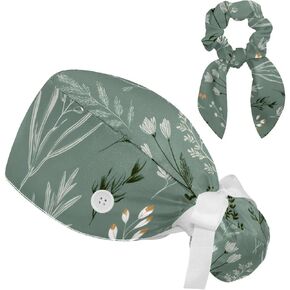 Women’s Working Cap with Button and Ribbon Tie, Long Hair with Hair Band Sage Color Line Leaves and Twig on Beige Background in Saudi Arabia
