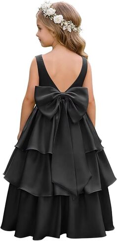 Tiered Satin Flower Girl Dresses for Wedding First Communion Dress Bow on Back Girls Formal Pageant Party Ball Gown in Saudi Arabia