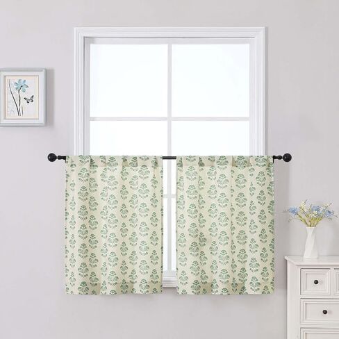 Floral Kitchen Curtains - 24 Inch Farmhouse Cafe Tier Curtains for Small Window, Faux Linen Light Filtering Half Window Drapes Over Sink Living Room Bathroom, Rod Pocket 2 Panels Sage Green in Saudi Arabia