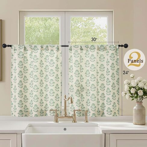 Floral Kitchen Curtains - 24 Inch Farmhouse Cafe Tier Curtains for Small Window, Faux Linen Light Filtering Half Window Drapes Over Sink Living Room Bathroom, Rod Pocket 2 Panels Sage Green in Saudi Arabia