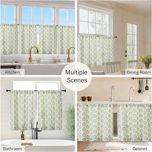 Floral Kitchen Curtains - 24 Inch Farmhouse Cafe Tier Curtains for Small Window, Faux Linen Light Filtering Half Window Drapes Over Sink Living Room Bathroom, Rod Pocket 2 Panels Sage Green in Saudi Arabia