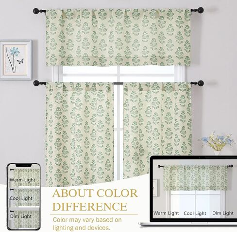 Floral Kitchen Curtains - 24 Inch Farmhouse Cafe Tier Curtains for Small Window, Faux Linen Light Filtering Half Window Drapes Over Sink Living Room Bathroom, Rod Pocket 2 Panels Sage Green in Saudi Arabia