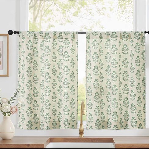 Floral Kitchen Curtains - 24 Inch Farmhouse Cafe Tier Curtains for Small Window, Faux Linen Light Filtering Half Window Drapes Over Sink Living Room Bathroom, Rod Pocket 2 Panels Sage Green in Saudi Arabia