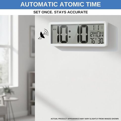 Atomic Digital Wall Clock Battery Operated Large Display | Automatic Time Setting with Day Date Temperature Humidity Alarm 12/24 Hour | Wall Or Desk Clock for Home Office Seniors in Saudi Arabia