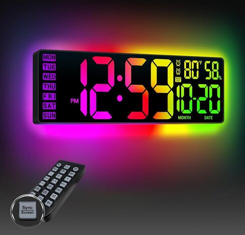 16.5" Large Digital Wall Clock: 13 RGB Night Lights Giant LED Display with Remote, Auto DST & Dimming, Classroom Must Have, Gaming Room Dorm Decor, Big Number Clock for Seniors RGB in Saudi Arabia