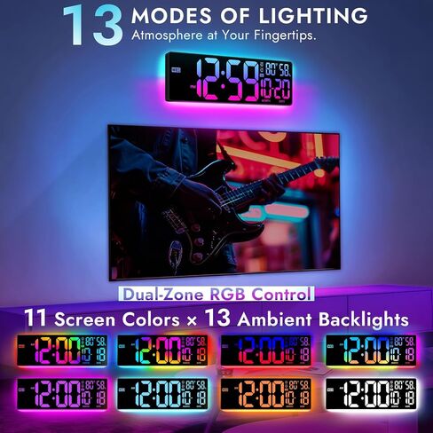16.5" Large Digital Wall Clock: 13 RGB Night Lights Giant LED Display with Remote, Auto DST & Dimming, Classroom Must Have, Gaming Room Dorm Decor, Big Number Clock for Seniors RGB in Saudi Arabia