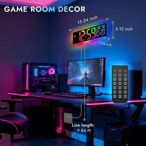 16.5" Large Digital Wall Clock: 13 RGB Night Lights Giant LED Display with Remote, Auto DST & Dimming, Classroom Must Have, Gaming Room Dorm Decor, Big Number Clock for Seniors RGB in Saudi Arabia