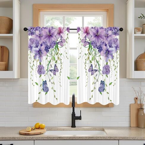 26x36Inch Boho Blue Teal Daisy Kitchen Curtain Farmhouse Wooden Flower Small Short Cafe Window Rustic Floral Butterfly Country Bathroom Decor Drape Treatment Tier 2 Panels in Kuwait