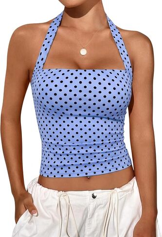COCCKO Womens Polka Dot Tank Top Halter Sleeveless Summer Push Up Corset Crop Y2K Tops in Kuwait
