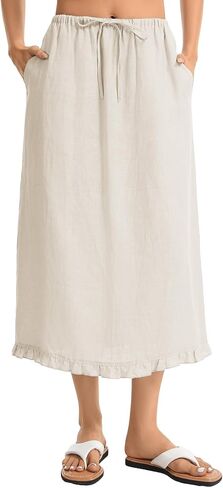 Women's Linen Midi Skirt with Ruffle Hem Elastic Drawstring Waist Side Pockets Casual Long Skirt in Saudi Arabia