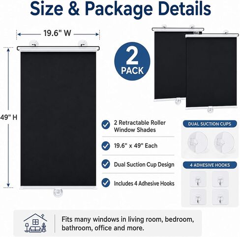 No Drilling Retractable Roller Window Shades (2 Pack), Suction Cups Window Shade Removable Blackout Window Cover Easy to Install for Living Room Bedroom Car Window Office Bathroom (15.7"x49") in Saudi Arabia