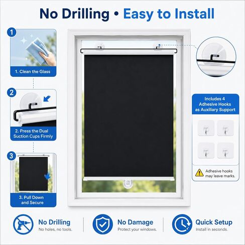 No Drilling Retractable Roller Window Shades (2 Pack), Suction Cups Window Shade Removable Blackout Window Cover Easy to Install for Living Room Bedroom Car Window Office Bathroom (15.7"x49") in Saudi Arabia