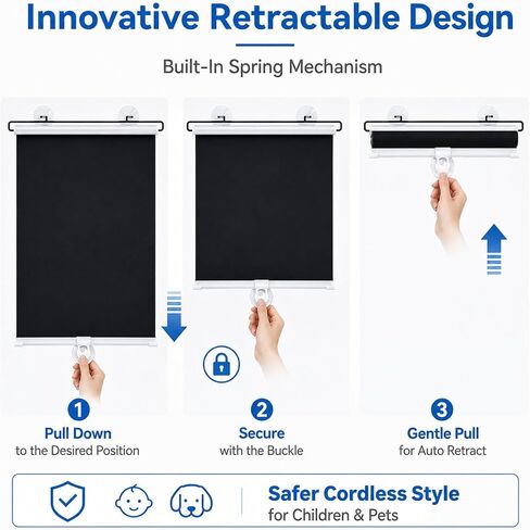 No Drilling Retractable Roller Window Shades (2 Pack), Suction Cups Window Shade Removable Blackout Window Cover Easy to Install for Living Room Bedroom Car Window Office Bathroom (15.7"x49") in Saudi Arabia