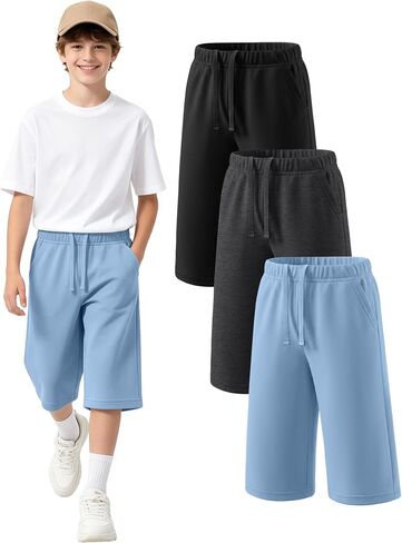3 Pack Boy's Long Shorts Summer Below Knew Shorts Wide Leg School Cropped Capri Pants with Pockets for 6-16 Years in Kuwait