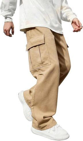 Boys Khaki Cargo Pants, Elastic Waist Wide Leg Casual Pants with Multi-Pockets for Kids in Kuwait