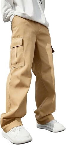 Boys Khaki Cargo Pants, Elastic Waist Wide Leg Casual Pants with Multi-Pockets for Kids in Kuwait