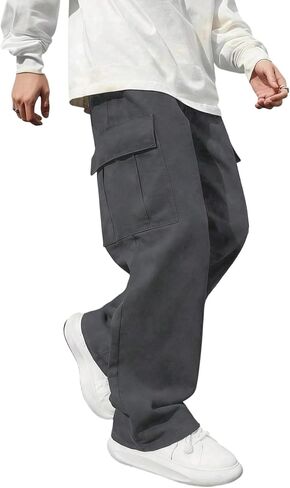 Boys Khaki Cargo Pants, Elastic Waist Wide Leg Casual Pants with Multi-Pockets for Kids in Kuwait