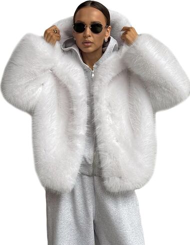 Wyeysyt Women's Faux Fur Coat with Hood Open Front Fluffy Short Coats Winter Warm Thick Cropped Hooded Shaggy Jacket in Kuwait