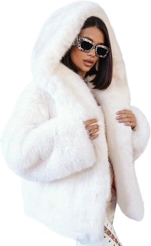 Yimoon Women's Faux Fur Coat with Hood Warm Cropped Fluffy Fur Jacket Long Sleeve Open Front Winter Jackets in Kuwait