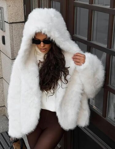 Yimoon Women's Faux Fur Coat with Hood Warm Cropped Fluffy Fur Jacket Long Sleeve Open Front Winter Jackets in Kuwait