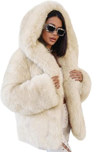 Yimoon Women's Faux Fur Coat with Hood Warm Cropped Fluffy Fur Jacket Long Sleeve Open Front Winter Jackets in Kuwait