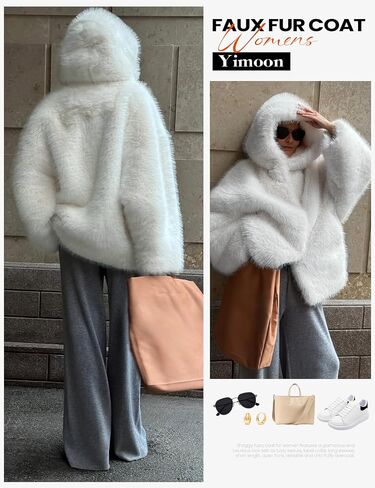 Yimoon Women's Faux Fur Coat with Hood Warm Cropped Fluffy Fur Jacket Long Sleeve Open Front Winter Jackets in Kuwait