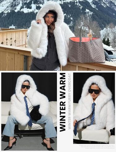 Yimoon Women's Faux Fur Coat with Hood Warm Cropped Fluffy Fur Jacket Long Sleeve Open Front Winter Jackets in Kuwait